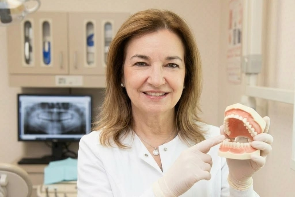 Dr-Maria-Smith-Shelton-Dental-Consultation Maria Smith, DMD, explaining restorative dental procedures using a patient model at her Shelton, CT dental practice.