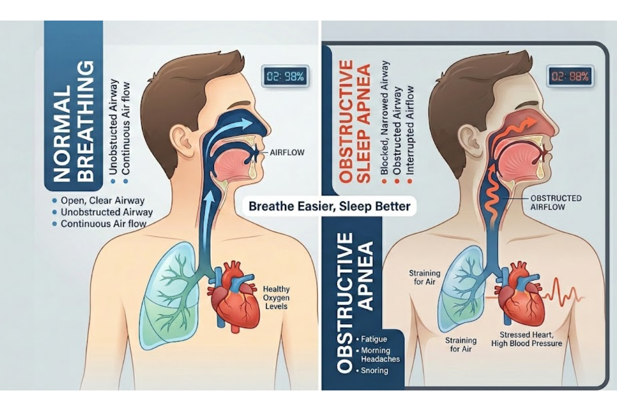 Infographic comparing normal breathing with obstructive sleep apnea showing blocked airway and heart strain.