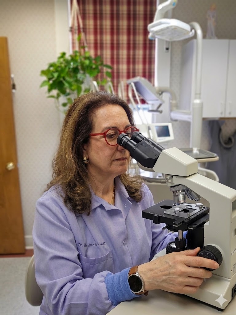 Dr. Maria A. Smith using a professional laboratory microscope in her Shelton, CT dental office for precision clinical analysis.