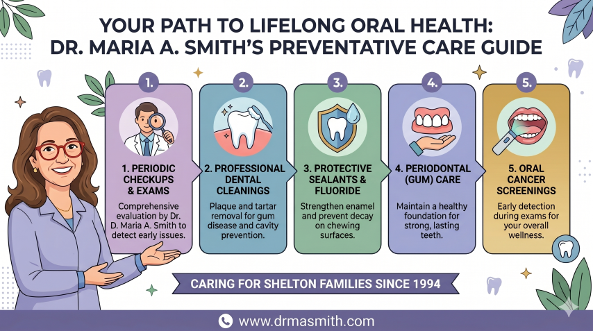 Visual guide to cosmetic and restorative dental treatments including dental bonding, porcelain veneers, inlays, onlays, and professional teeth whitening performed by Dr. Maria A. Smith.