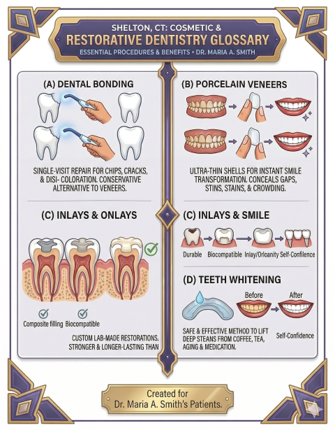 Visual guide to cosmetic and restorative dental treatments including dental bonding, porcelain veneers, inlays, onlays, and professional teeth whitening performed by Dr. Maria A. Smith.